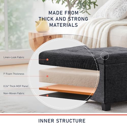 Ornavo Home 15" Square Folding Storage Ottoman Cube with Legs, Dark Gray | Small Linen Storage Ottoman; Fits Compact Spaces; Ideal for Bedroom or Living Room