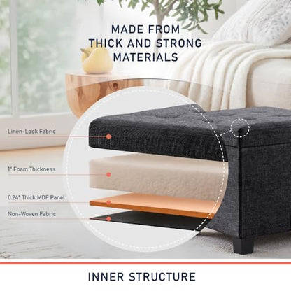 Ornavo Home 15" Square Folding Storage Ottoman Cube with Legs, Dark Gray | Small Linen Storage Ottoman; Fits Compact Spaces; Ideal for Bedroom or Living Room