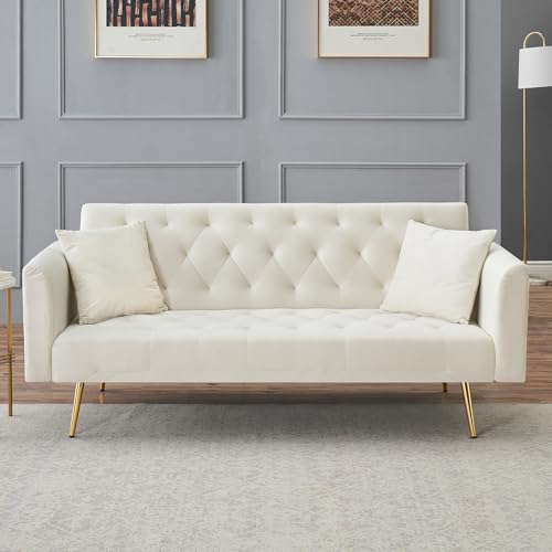 71" Modern Velvet Sofa Bed Futon, Convertible Sleeper Couch, Adj. Backrest | Tufted Recliner Loveseat Design with Golden Chrome Legs & 2 Pillows, Perfect for Small Spaces, Living Room, Apartment - color: Beige