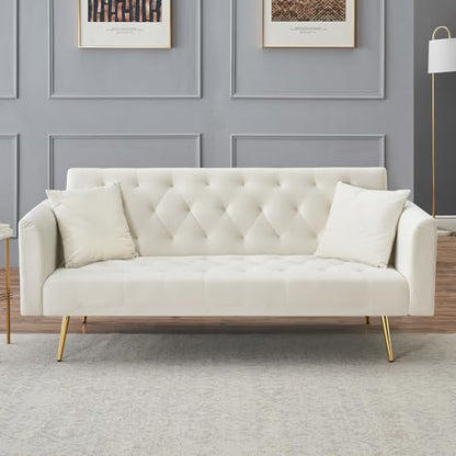 71" Modern Velvet Sofa Bed Futon, Convertible Sleeper Couch, Adj. Backrest | Tufted Recliner Loveseat Design with Golden Chrome Legs & 2 Pillows, Perfect for Small Spaces, Living Room, Apartment - color: Beige