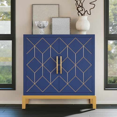 HLR Accent Cabinet with Gold Trim,Storage Cabinet with 2 Doors,Modern Wooden Sideboard for Living Room, Kitchen, Office and Hallway,Blue - color: Blue, size: 1piece