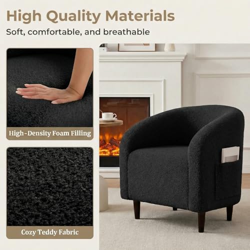 TLSUNNY Accent Chair, Upholstered Comfy Teddy Fabric Barrel Chair | Modern Furry Barrel Chair with a Side Pocket, Club Armchair for Living Room/Bedroom/Reception Room - color: Black