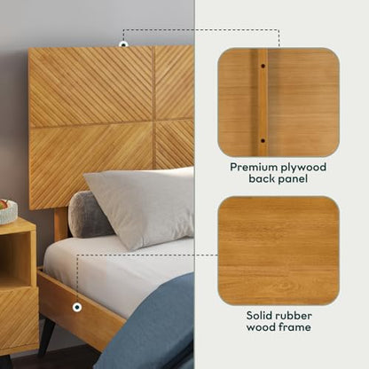 Bme Rhombus Queen Bed Frame – Solid Rubber Wood with Geometric Rhombus Headboard, Teak Brown Finish, Scandinavian Modern Platform Bed with Sturdy Slats & Metal Legs, No Box Spring Needed - color: Teak Brown, size: Queen, style: Scandinavian