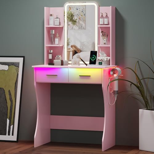 HUANLEGO Small Pink Vanity Desk with Mirror and Lights for Women Girls | Vanity Mirror with Lights, 3 Lighting Adjustable, LED Light Strips, Built-in Power Outlet, Compact Dressing Table For Girls - color: Pink, size: 27.56x15.55x51.30 in