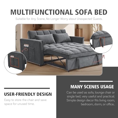 3 In 1 Velvet Convertible Sofa Bed, Pull Out Couch Bed with Reclining Backrest And 2 Pillows, 54" Full Size Loveseat Sleeper Sofa Futon Couch Beds, Couches For Small Spaces, Living Room (Medium Grey) - color: Medium Grey