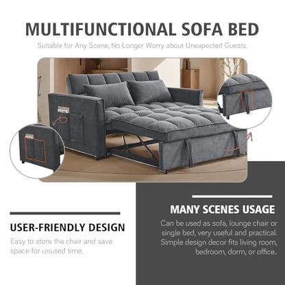 3 In 1 Velvet Convertible Sofa Bed, Pull Out Couch Bed with Reclining Backrest And 2 Pillows, 54" Full Size Loveseat Sleeper Sofa Futon Couch Beds, Couches For Small Spaces, Living Room (Medium Grey) - color: Medium Grey