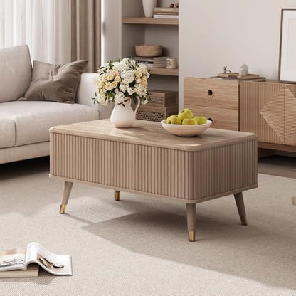 SULIVES Lift Top Coffee Table with Storage,Fluted Coffee Table with Lifting Top,Mid Century Modern Center Table with Solid Wood Legs,Small Coffee Tables for Living Room,Oak - color: Oak_rectangular