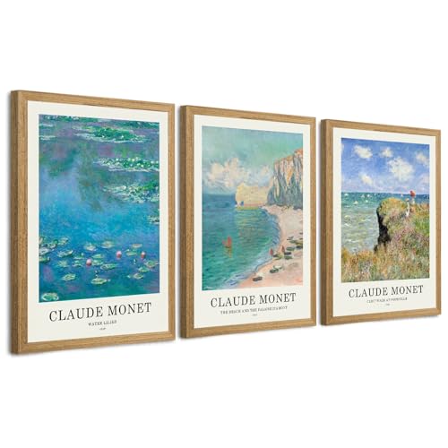 JLTULT Claude Monet Wall Art Set of 3, Solid Wood Frames, 16 x 24 in Each | Monet impressionist prints on fade-resistant canvas with ready-to-hang solid wood frames for living rooms and bedrooms - color: Monet, size: 24"L x 16"W