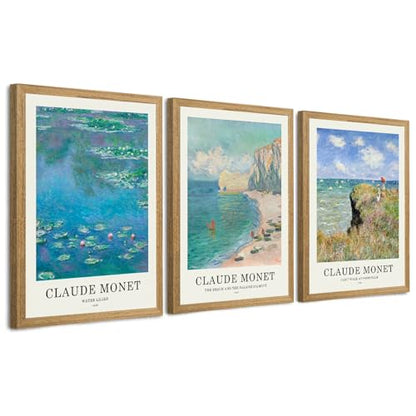 JLTULT Claude Monet Wall Art Set of 3, Solid Wood Frames, 16 x 24 in Each | Monet impressionist prints on fade-resistant canvas with ready-to-hang solid wood frames for living rooms and bedrooms - color: Monet, size: 24"L x 16"W