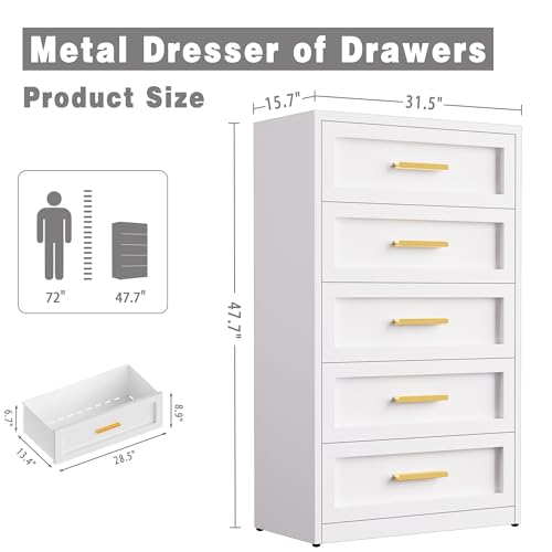 Metal 5-Drawer Dresser for Bedroom, Tall Chest of Drawers for Closet Storage, Modern Farmhouse White Dresser with 5 Drawers, Tall Dressers & Chests for Bedroom Storage, 31.5" Wide Metal Chest - color: White, size: 5 Metal Drawers