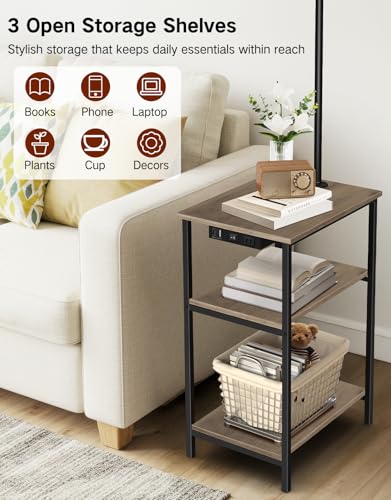 Floor Lamp with Table & Remote, Side End Table with Charging Station, Dimmable Nightstand with 3 Color Temperatures, 1-Hour Timer, 12W LED Bulb, for Living Room, Bedroom(Grey) - color: Gray