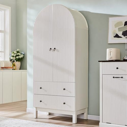 IFGET 71" Tall Arched Pantry Cabinet, Fluted Kitchen Storage Cabinet with Adjustable Shelves and 2 Large Drawers, Freestanding Morden Versatile Cupboard for Living Room, Bathroom, White - color: White