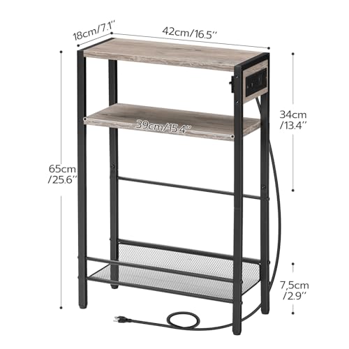 HOOBRO Small Narrow Side Table with Charging Station, Skinny End Table for Small Spaces, Slim Nightstand with USB Ports Outlet, Sofa Beside Table with Storage Shelf, Greige and Black BG102UBZ01 - color: Greige + Black