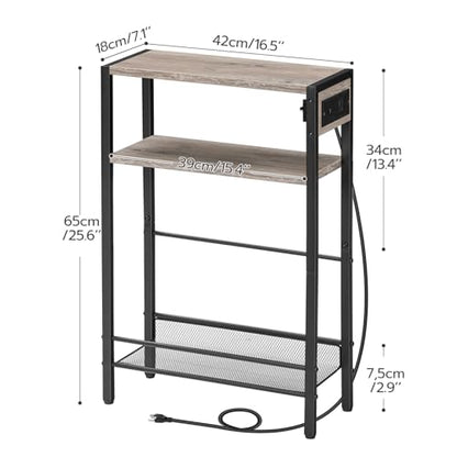 HOOBRO Small Narrow Side Table with Charging Station, Skinny End Table for Small Spaces, Slim Nightstand with USB Ports Outlet, Sofa Beside Table with Storage Shelf, Greige and Black BG102UBZ01 - color: Greige + Black