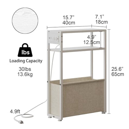 Leomonio White Side Table with Charging Station, Slim End Tables with Linen Basket, Skinny Table for Small Spaces, Thin Bedside Table for Living Room, Bedroom - color: White + Camel Brown - Outlet