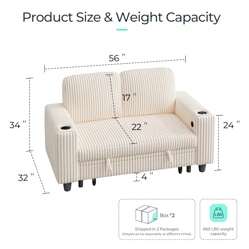 LINSY HOME Loveseat Sofa with Storage - Comfy Plush Corduroy 2 Seater Sofa with USB Charging & Cup Holders, Deep Seat Love Seat for Small Spaces Living Room Bedroom Apartment, Beige - color: Beige