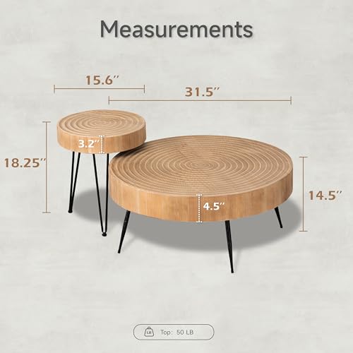 COZAYH 2-Piece Round Nesting Coffee Table Set, Natural Wood Top with Black Metal Legs, Ring Pattern – Rustic Farmhouse Accent for Living Room or Bedroom – Space-Saving Modern Furniture - color: Ring Pattern