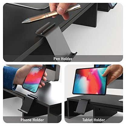 Simple Houseware Desk Dual Monitor Stand Riser with Drawer, Black | Customizable Organizer Tray, Built-In Phone & Tablet Slot and Side Storage - color: Black