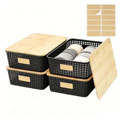 4 Pack Plastic Storage Bins with Bamboo Lids, 6.2qt Stackable Storage Organizer Box with Lable for Pantry Shelves Drawers Desktop Office, 12"L x 8.3"W x 3.5"H, Black - color: Black, size: Shallow- 4 Pack