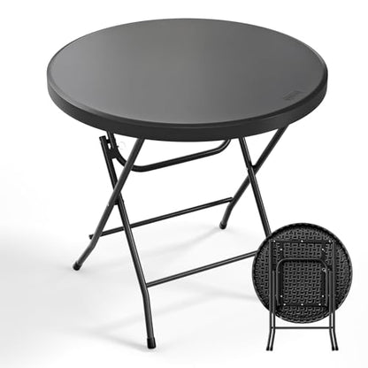 Bonnlo Round Folding Table 32 inch, HDPE Plastic Small Tabletop with Steel Frame Foldable Card Table for Indoor Outdoor Outside Dining, Party and Commercial Event, Black - color: Black
