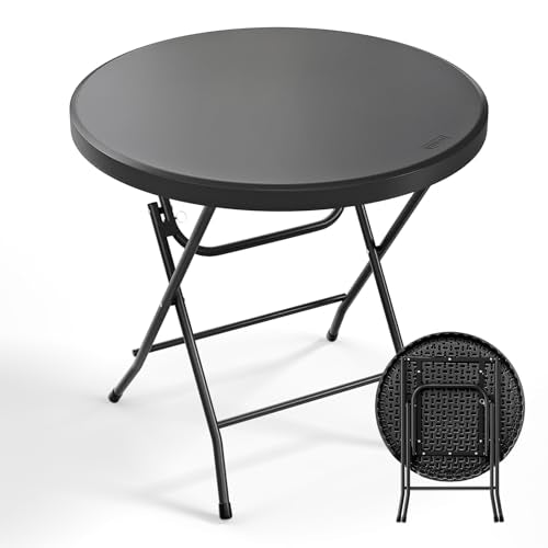 Bonnlo Round Folding Table 32 inch, HDPE Plastic Small Tabletop with Steel Frame Foldable Card Table for Indoor Outdoor Outside Dining, Party and Commercial Event, Black - color: Black