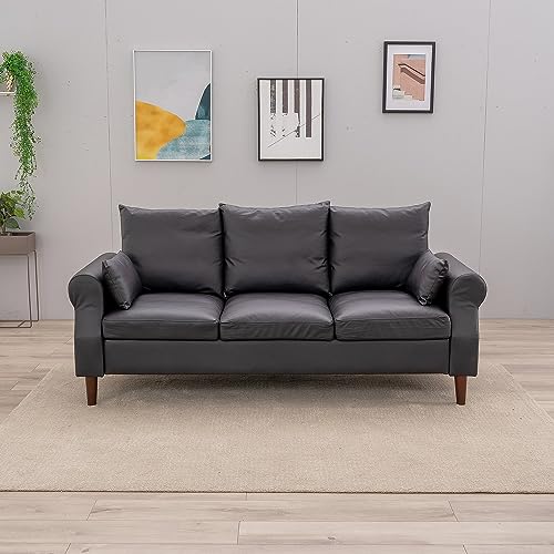 Panana 3 Seater Sofas Rolled Arms Design Couch Solid Wood Legs Settee for Living Room (Black Leathaire, 3 Seater) - color: Black Leather Look Fabric, size: 3 seater