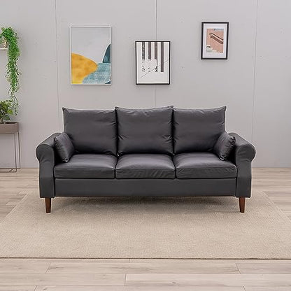 Panana 3 Seater Sofas Rolled Arms Design Couch Solid Wood Legs Settee for Living Room (Black Leathaire, 3 Seater) - color: Black Leather Look Fabric, size: 3 seater