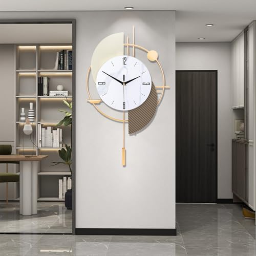 FILLOVE Large Decorative Wall Clock with Pendulum for Living Room, Matte White Half Circle & Gray Striped Scalloped, White Marble Dial, Silent for Living Room, Bedroom, Study, Office - color: Glod&gray