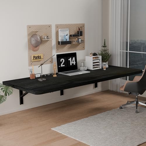 IAE Floating Wall Mounted Folding Table Desk with Pine Wood,55x22in, Black | Foldable Workbench,Fold Down Wall Mounted Foldable Desk with Shelf Brackets,Laundry Folding Table for Home,Dining,Kitchen - color: Black, size: 55*22*10 Inch