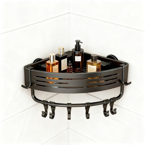 Rustproof Aluminum Corner Shower Caddy | Press-to-Install, Triangle Shelf with Hooks, Suction Bathroom Organizer, Shampoo Holder