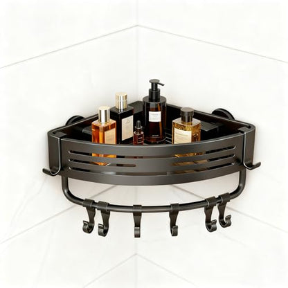 Rustproof Aluminum Corner Shower Caddy | Press-to-Install, Triangle Shelf with Hooks, Suction Bathroom Organizer, Shampoo Holder