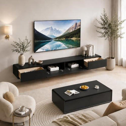 Floating TV Stand, Modern Wall-Mounted Entertainment Center with 2 Flip-Down Cabinet Doors 2 Drawers, Solid Wood Media Console (Black, 94.5") - color: Black, size: 94.5"