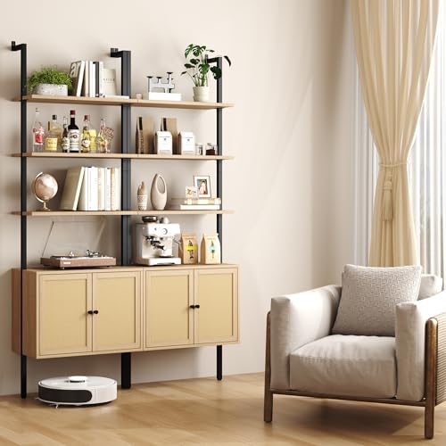 Yusong 73" Tall Bookshelf with Cabinet, Industrial Ladder Wall Mount Shelf Rattan Bookcase with Wood and Metal Frame, Plant Shelf Wall Storage Display for Living Room Bedroom,Light Ivory Brown - color: Light Brown