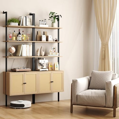 Yusong 73" Tall Bookshelf with Cabinet, Industrial Ladder Wall Mount Shelf Rattan Bookcase with Wood and Metal Frame, Plant Shelf Wall Storage Display for Living Room Bedroom,Light Ivory Brown - color: Light Brown