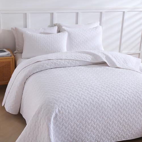 Wistown Cotton King Bedspread Quilt Bedding Sets, White | 3 Pieces Reversible Lightweight Soft Coverlets Comforters, All Seasons, Weave Stitching Pattern - color: White Weave Pattern, size: King (98 by108inch)
