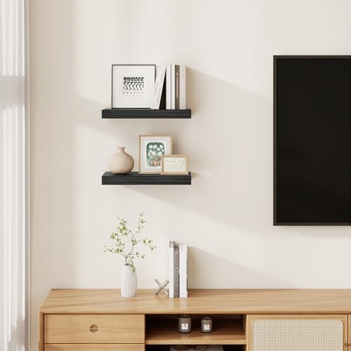 Floating Shelves for Wall, Real Wood Floating Shelf Set of 2, 8 Inch Deep Floating Shelves, Rustic Wood Wall Shelf for Home Decor, Deep Storage Shelves for Bathroom, Kitchen, 16"W x 8"D, Black Color - color: Black, size: 16"W x 8"D