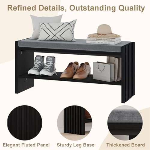 40" Entryway Shoe Bench with Storage & Cushion, Modern Fluted Shoe Rack for Mudroom, Sturdy Wooden Hallway Bench with 360 lbs Capacity, Black Oak - color: Black Oak