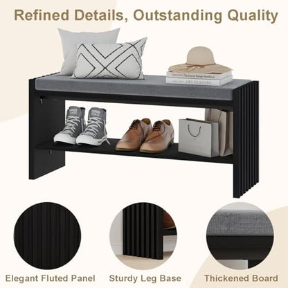 40" Entryway Shoe Bench with Storage & Cushion, Modern Fluted Shoe Rack for Mudroom, Sturdy Wooden Hallway Bench with 360 lbs Capacity, Black Oak - color: Black Oak