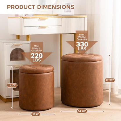 Round Ottoman with Storage Set of 2, 12.6"W x 14.17"H & 14.76"W x 17.32"H Faux Leather Button Tufted Storage Ottoman, Boucle Vanity Stool Footrest Coffee Table for Living Room, Bedroom, Brown - color: Brown