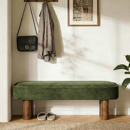 Merax 51.5" Indoor Fabric Dining Bench with Walnut-Finished Rubberwood Legs – Upholstered Seating Bench for Kitchen, Dining Room or Living Space, Supports Up to 250 lbs,Green