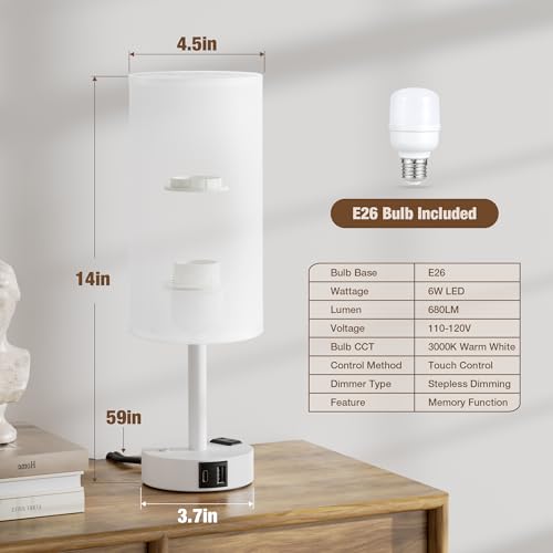 White Touch Bedside Lamp for Bedroom, Stepless Dimmable, USB A+C, AC Outlet | Base Touch Button Only, Memory Brightness, Ultra-dim Night Light, Included Bulb for Optimal Dimming, White Lamp Base, Nursery - color: White & White