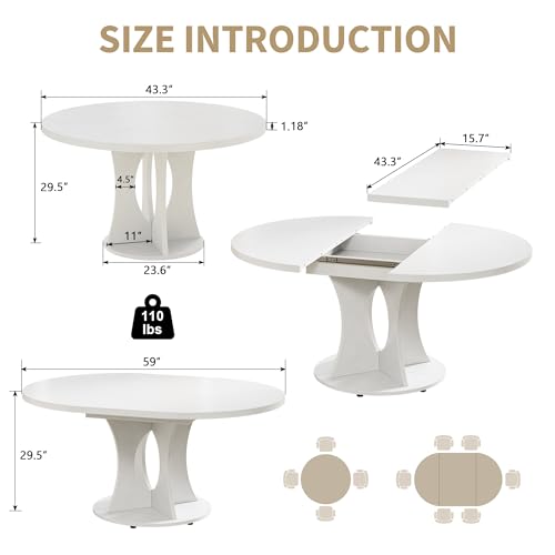 43-59" Expandable Round Dining Table, Kitchen Table with Hidden Storage | Space Saving White Modern Design, Solid Pedestal Base for Dining Room & Small Apartments, Wood Table, Easy Assembly