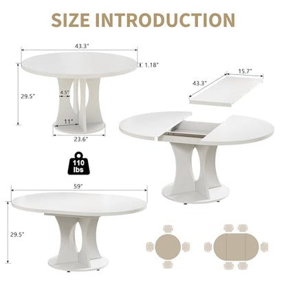 43-59" Expandable Round Dining Table, Kitchen Table with Hidden Storage | Space Saving White Modern Design, Solid Pedestal Base for Dining Room & Small Apartments, Wood Table, Easy Assembly