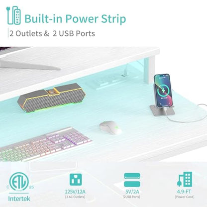 Lufeiya Small White Desk with LED Lights and Power Outlets, 32 Inch Home Office Computer Desks with Monitor Stand, Teen Writing Study Table Gaming Desk with Charging Station, White - color: White, size: 31.5"