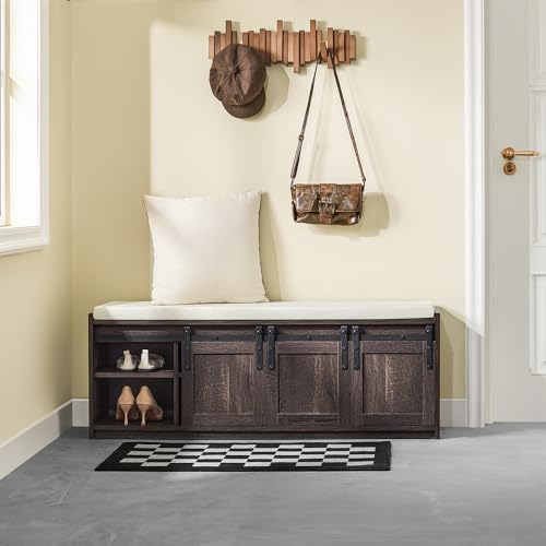 Haotian Entryway Shoe Storage Bench | Shoe Rack Bench with Sliding Barn Doors, Drawer & Padded Seat Cushion, Rustic Window Bench for Mudroom