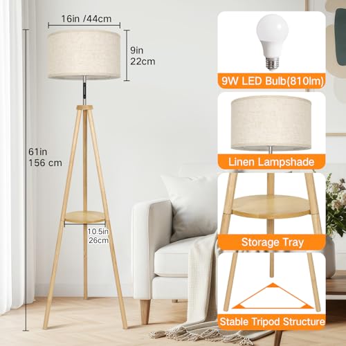 OUTON Wood Tripod Floor Lamp with Shelves, Mid Century LED Modern Dimmable Floor Lamp with Remote Control, Sturdy Tall Standing Lamp with Beige Lamp Shade for Living Room, Bedroom, Office - color: Wood & Touch Control