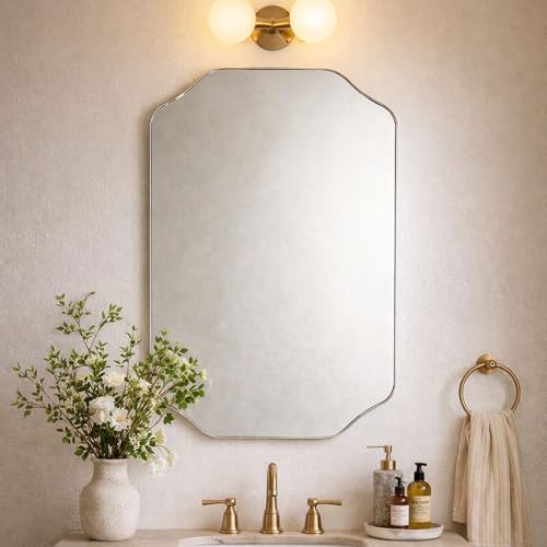 TEHOME Brushed Nickel Scalloped Bathroom Vanity Mirror 20x30'' Decorative Silver Metal Framed Asymmetrical Bathroom Mirror - color: Brushed Nickel, size: 30"L x 20"W