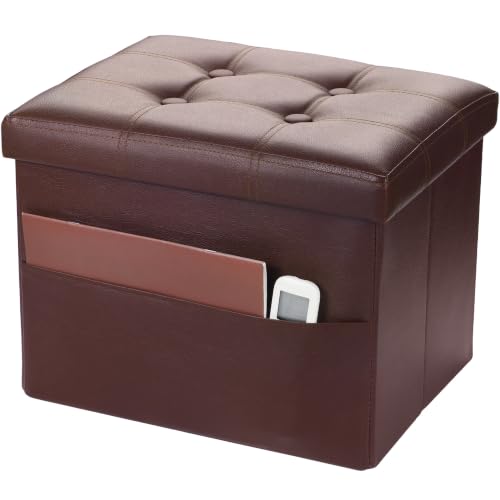 Bsketa Storage Ottoman Bench,17 Inch Folding Leather Foot Rest Stool, Brown | Small Ottoman with Side Pockets, Thicker Foam Padded Seat, Livingroom, Dorm, Bedroom, Easy to install, 43L,17x13x13in - color: Brown-with Side Pockets.