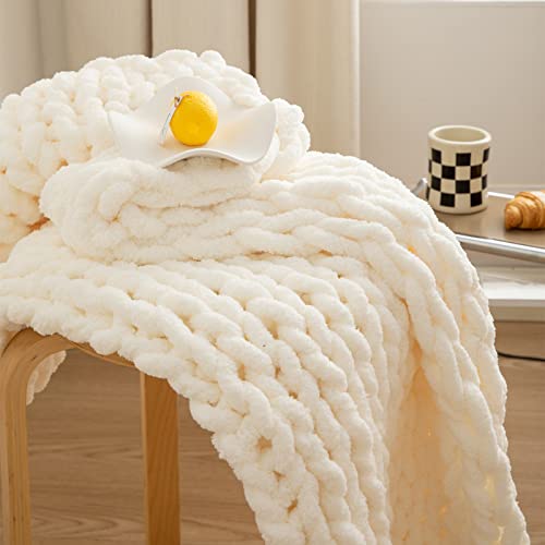 WESHIONGOO Chunky Knit Blanket Throw 40"×40" Cream White | Knitted Throw blankets for Couch Bed Fluffy Soft Blanket With Jumbo Chenille Yarn Thick 100% Handmade - color: Cream White, size: 40"x40"(Small Size Throw)