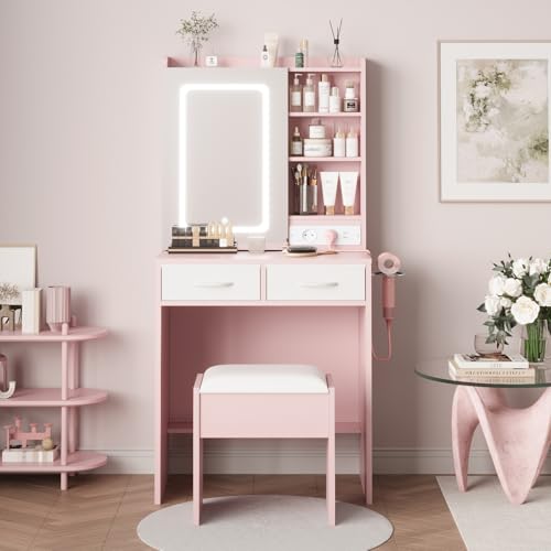 Pink Makeup Vanity Desk with Mirror and Lights, Vanity Table Set with Charging Station, Dressing Table with Stool, 2 Drawers, Open Shelves, Power Outlets & USB Ports, Vanity Desk with RGB Cabinets - color: Pink